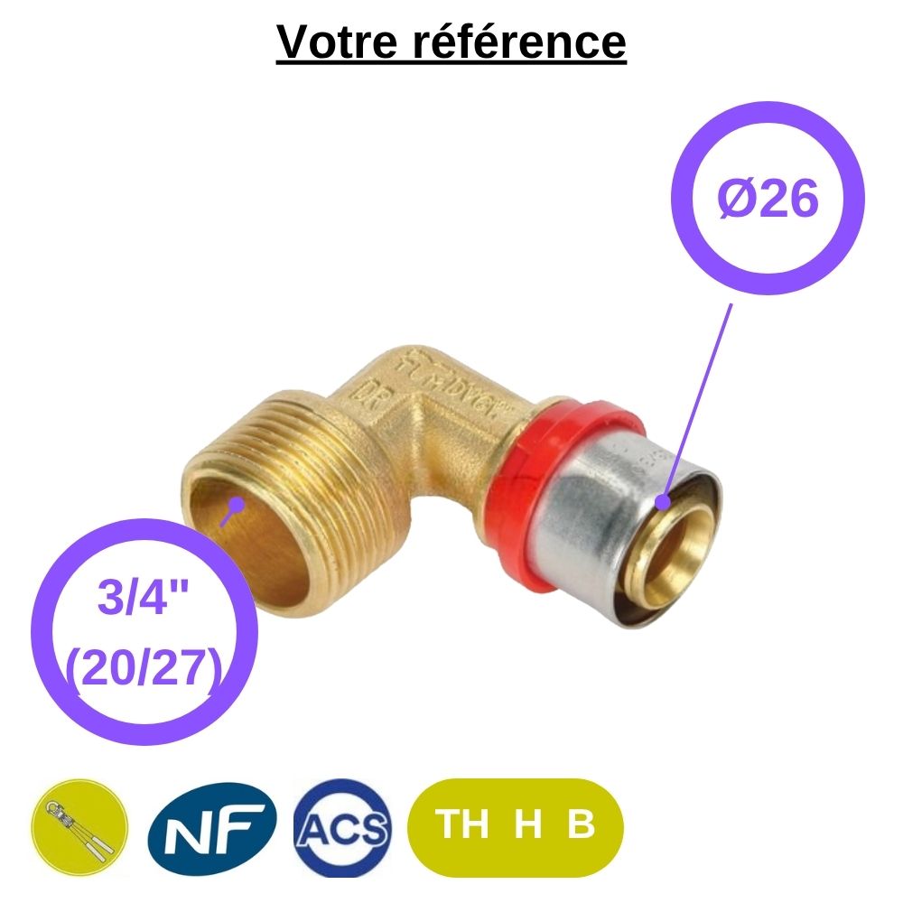 Coude mâle à sertir multicouche Ø26 - mâle 3/4'' (20/27) - Tiemme