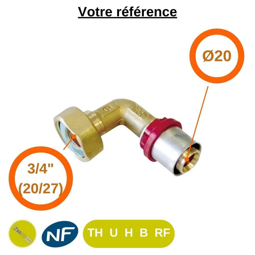 Coude femelle à sertir multicouche Ø20 - écrou tournant femelle 3/4'' (20/27) - Tiemme