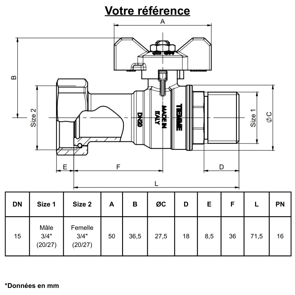 Vanne droite papillon rouge mâle 3/4'' (20/27) - écrou tournant femelle 3/4'' (20/27) - Tiemme