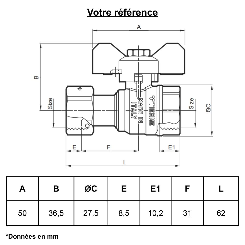 Vanne d'arrêt à visser, manette papillon, femelle-écrou tournant femelle 1/2'' (15/21) - Tiemme
