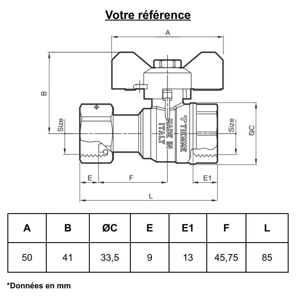 Vanne d'arrêt à visser, manette papillon, femelle-écrou tournant femelle 1'' (26/34) - Tiemme