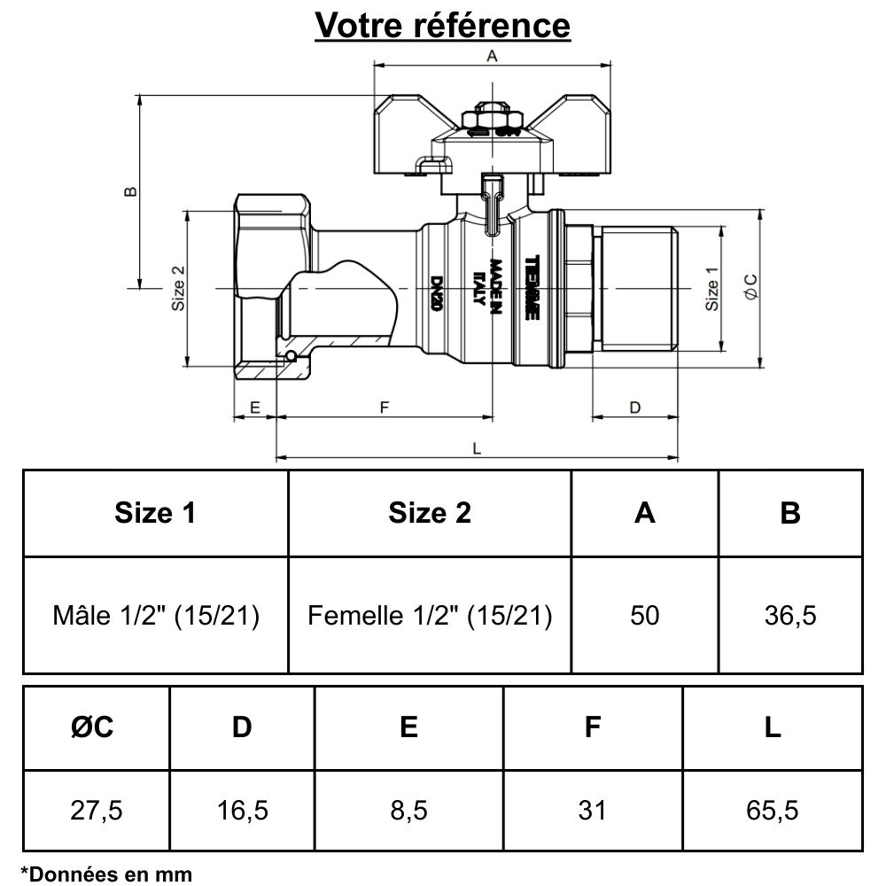 Vanne d'arrêt à visser, manette papillon, mâle-écrou tournant femelle 1/2'' (15/21) - Tiemme