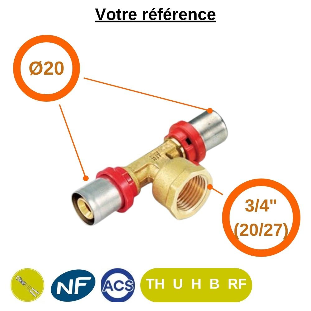 Té multicouche à sertir Ø20 et centre femelle 3/4'' (20/27) - Tiemme