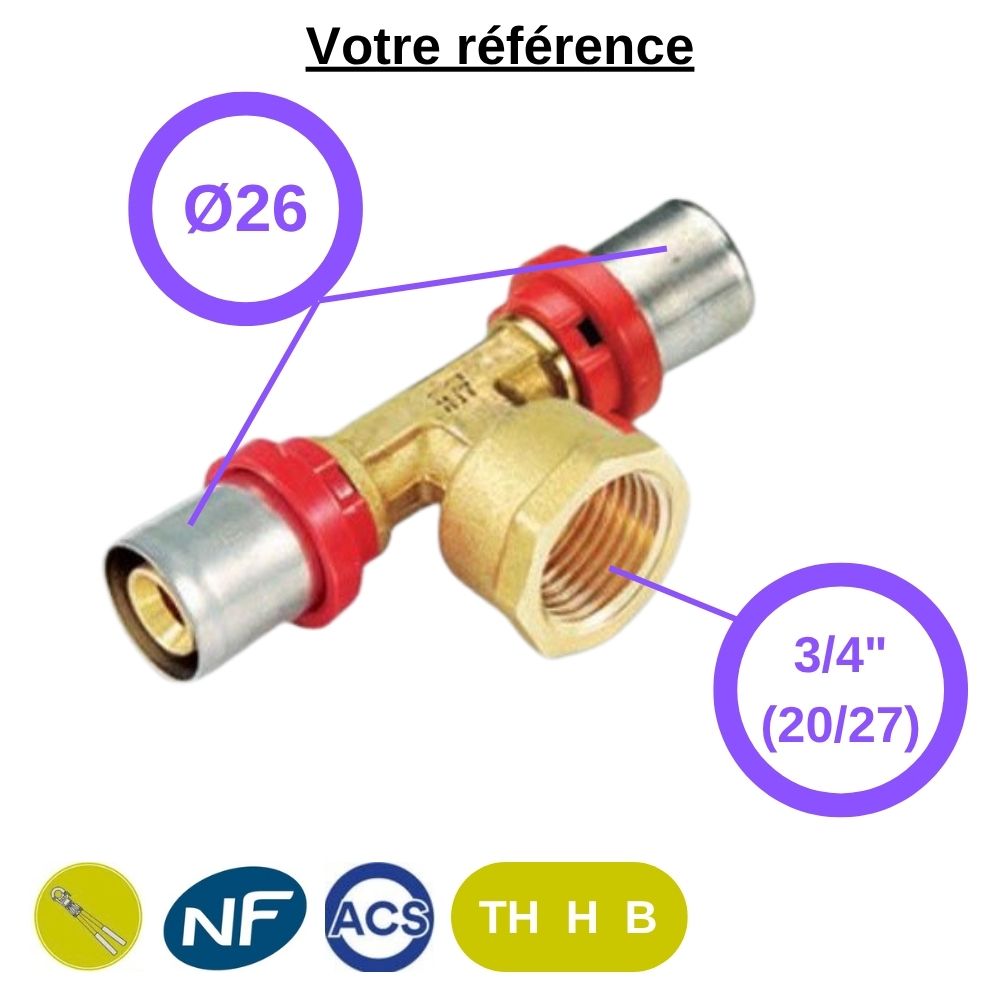 Té multicouche à sertir Ø26 et centre femelle 3/4'' (20/27) - Tiemme