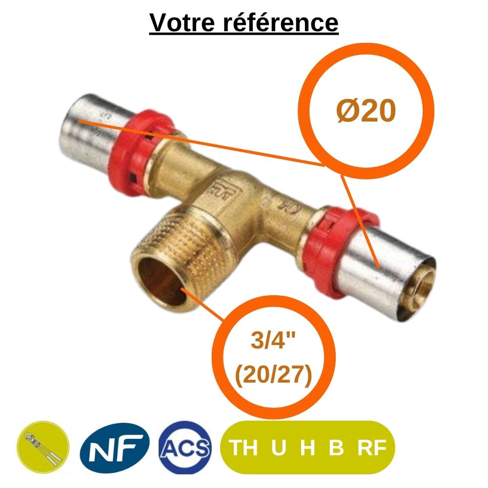 Té multicouche à sertir Ø20 et centre mâle 3/4'' (20/27) - Tiemme
