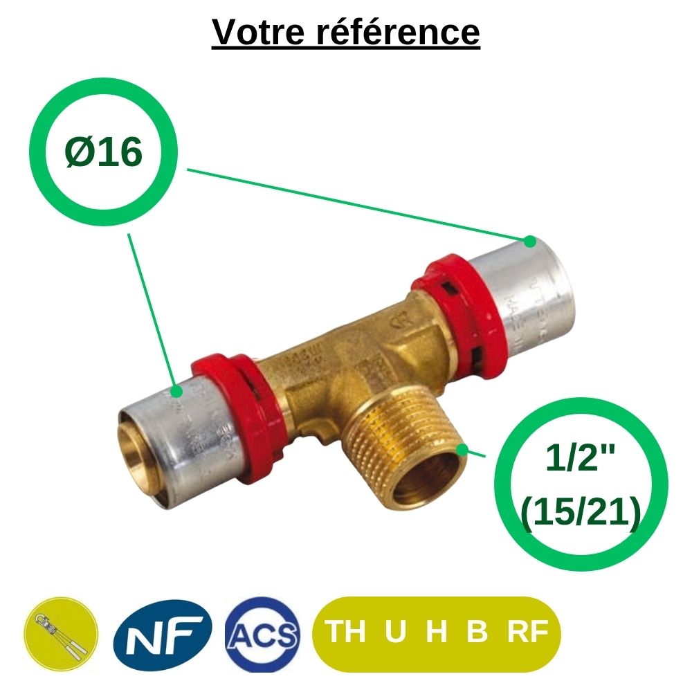 Té multicouche à sertir Ø16 et centre mâle 1/2'' (15/21) - Tiemme