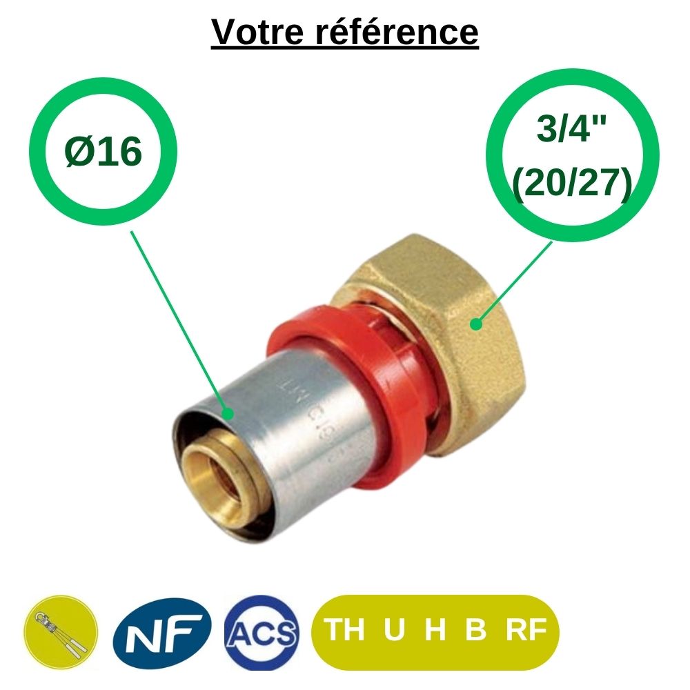 Raccord multicouche droit à sertir Ø16 - écrou tournant femelle 3/4'' (20/27) - Tiemme