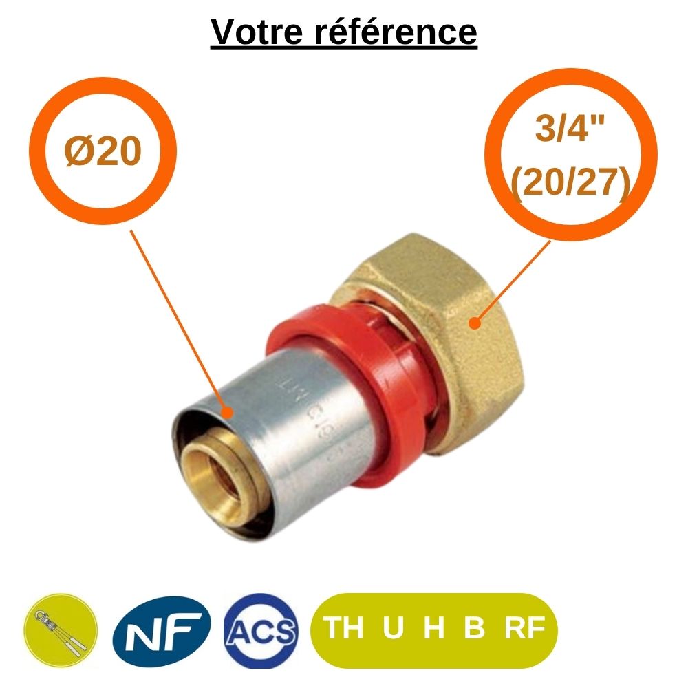 Raccord multicouche droit à sertir Ø20 - écrou tournant femelle 3/4'' (20/27) - Tiemme