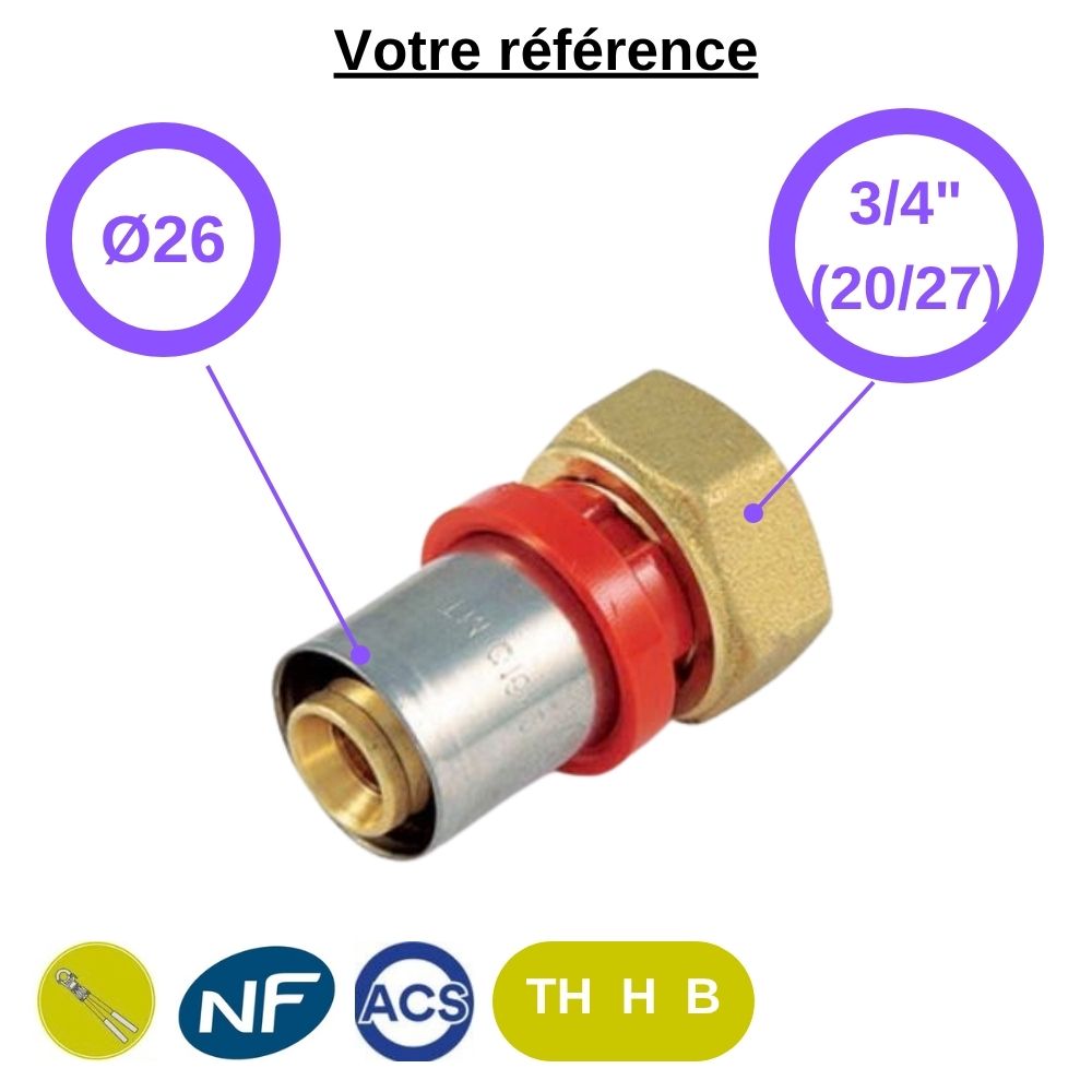 Raccord multicouche droit à sertir Ø26 - écrou tournant femelle 3/4'' (20/27) - Tiemme