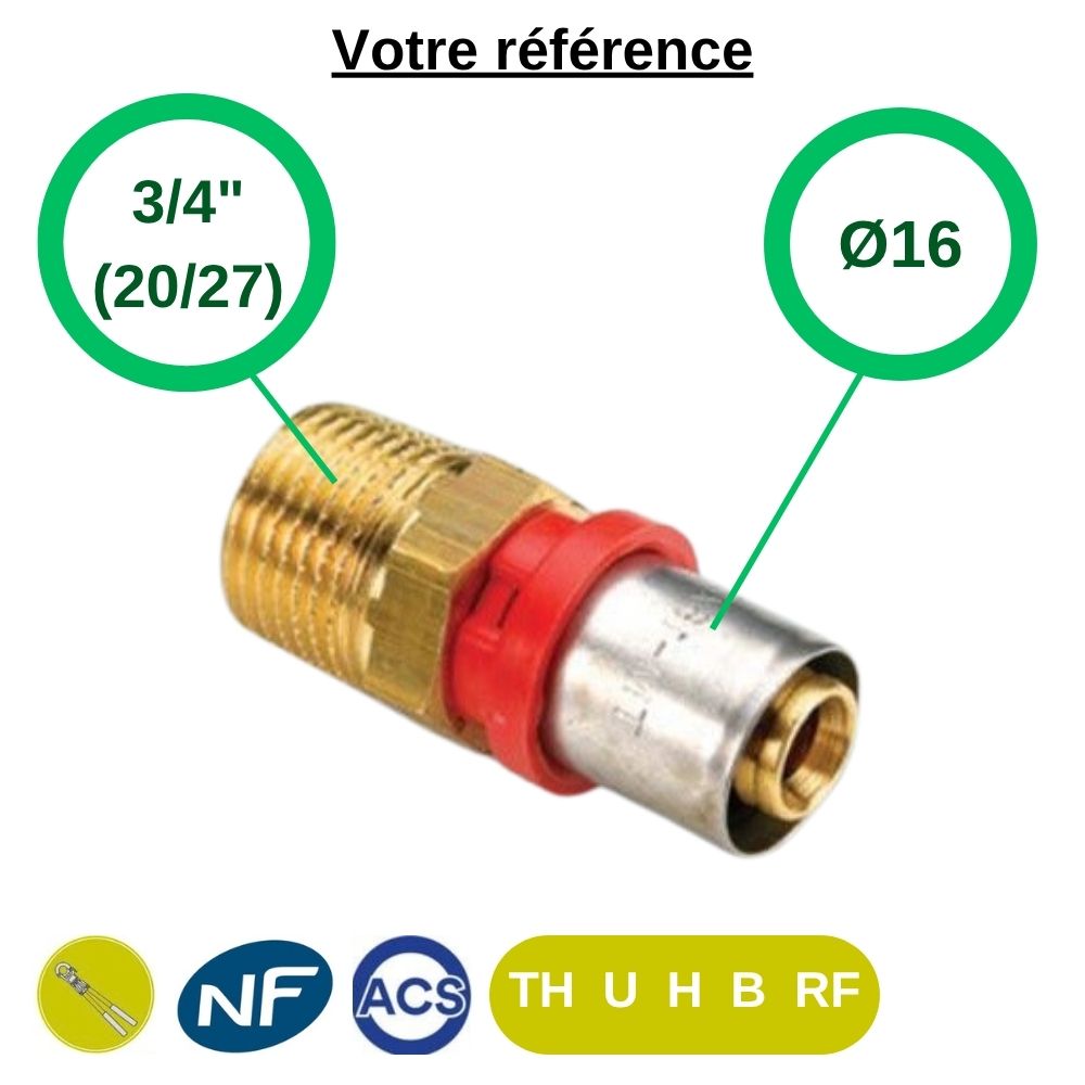 Raccord multicouche droit à sertir Ø16 - mâle 3/4'' (20/27) - Tiemme