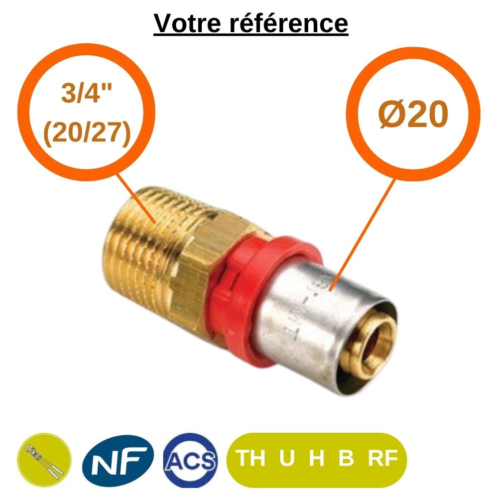 Raccord multicouche droit à sertir Ø20 - mâle 3/4'' (20/27) - Tiemme
