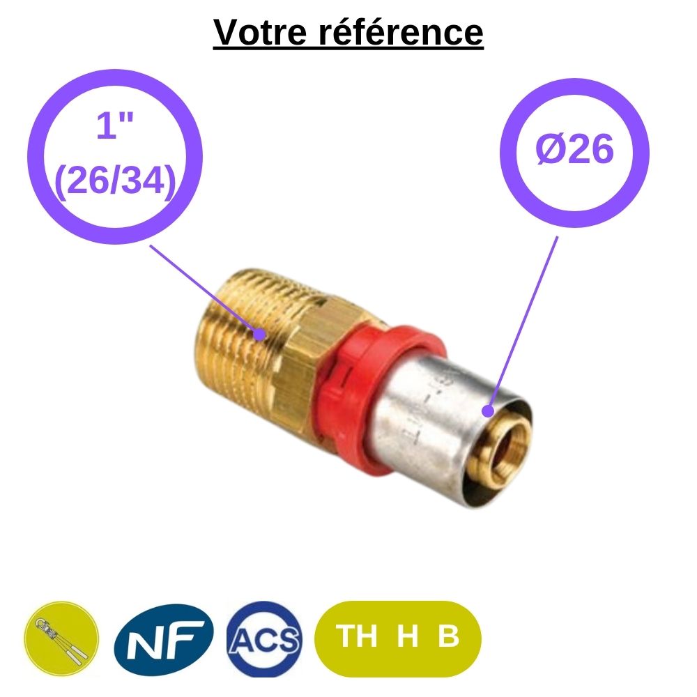 Raccord multicouche droit à sertir Ø26 - mâle 1'' (26/34) - Tiemme