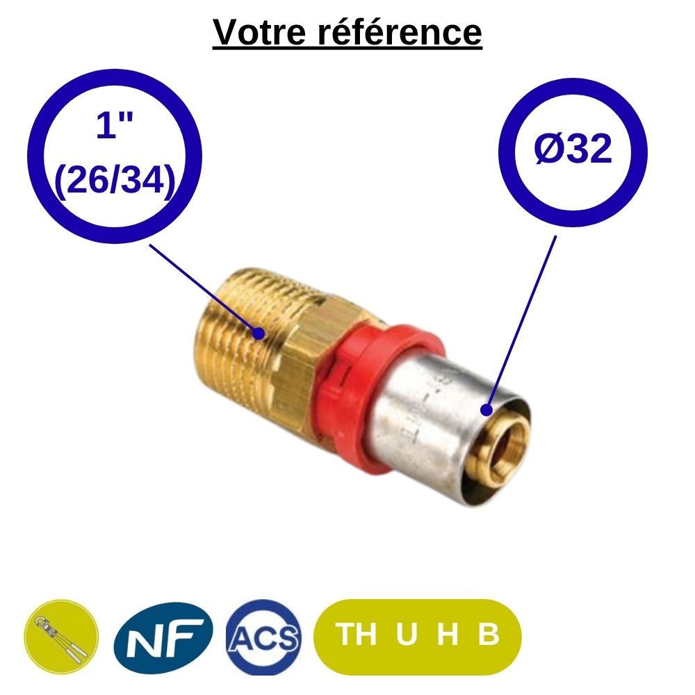 Raccord multicouche droit à sertir Ø32 - mâle 1'' (26/34) - Tiemme