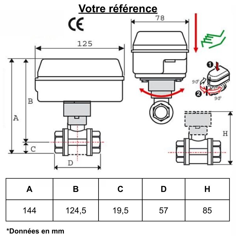 Vanne de zone à bille motorisée, 2 voies, femelle 3/4'' (20/27) pour chauffage et eau chaude
