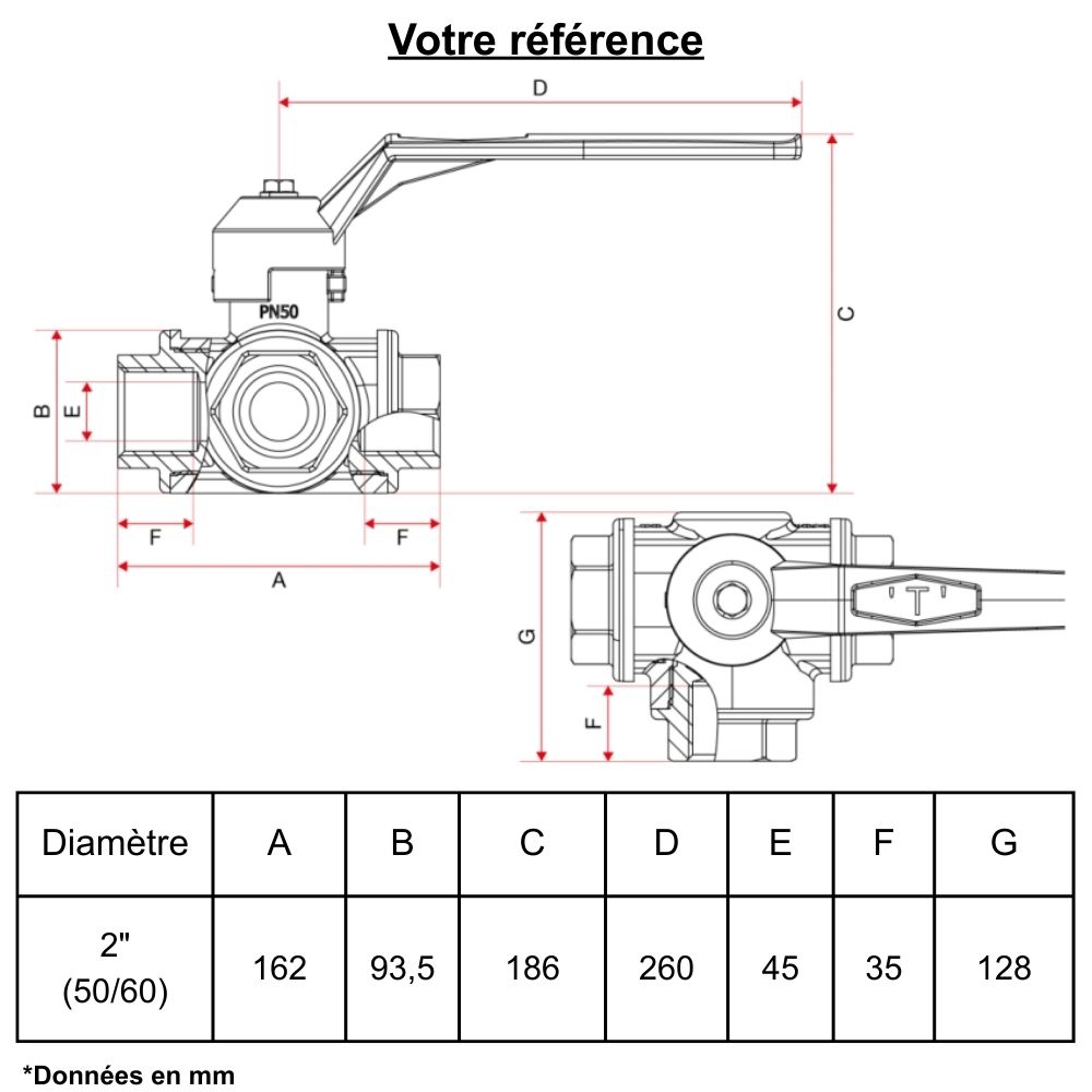 Vanne d'arrêt à visser, 3 voies en T, femelle 2'' (50/60) - Itap